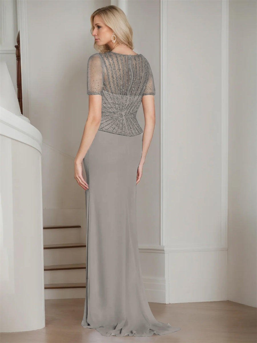 V Neck Short Sleeve Long Sheath Dress for the Mother of the Bride