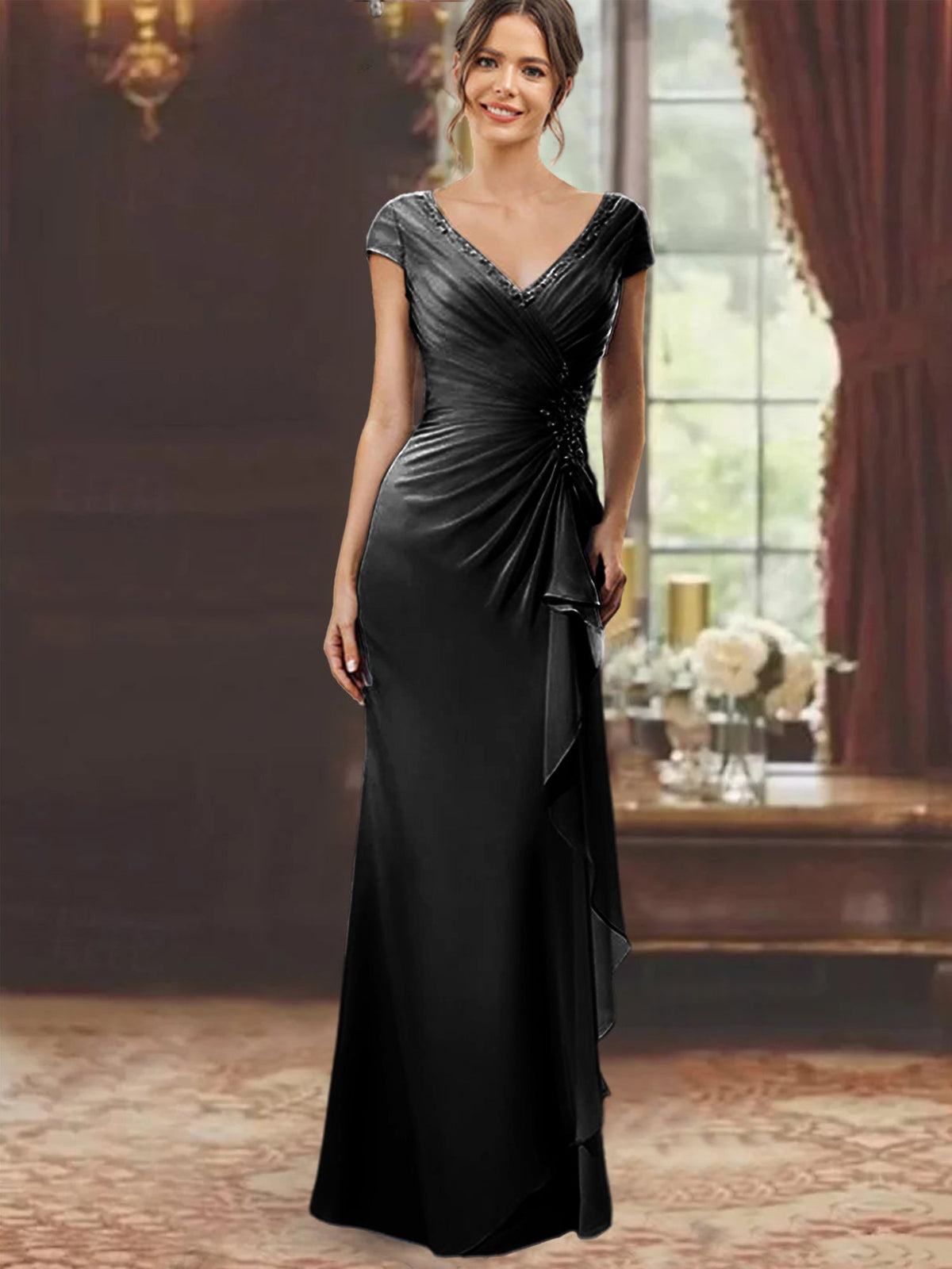 V Neck Short Sleeve Long Sheath Dress for the Mother of the Bride with Ruffles and Appliques