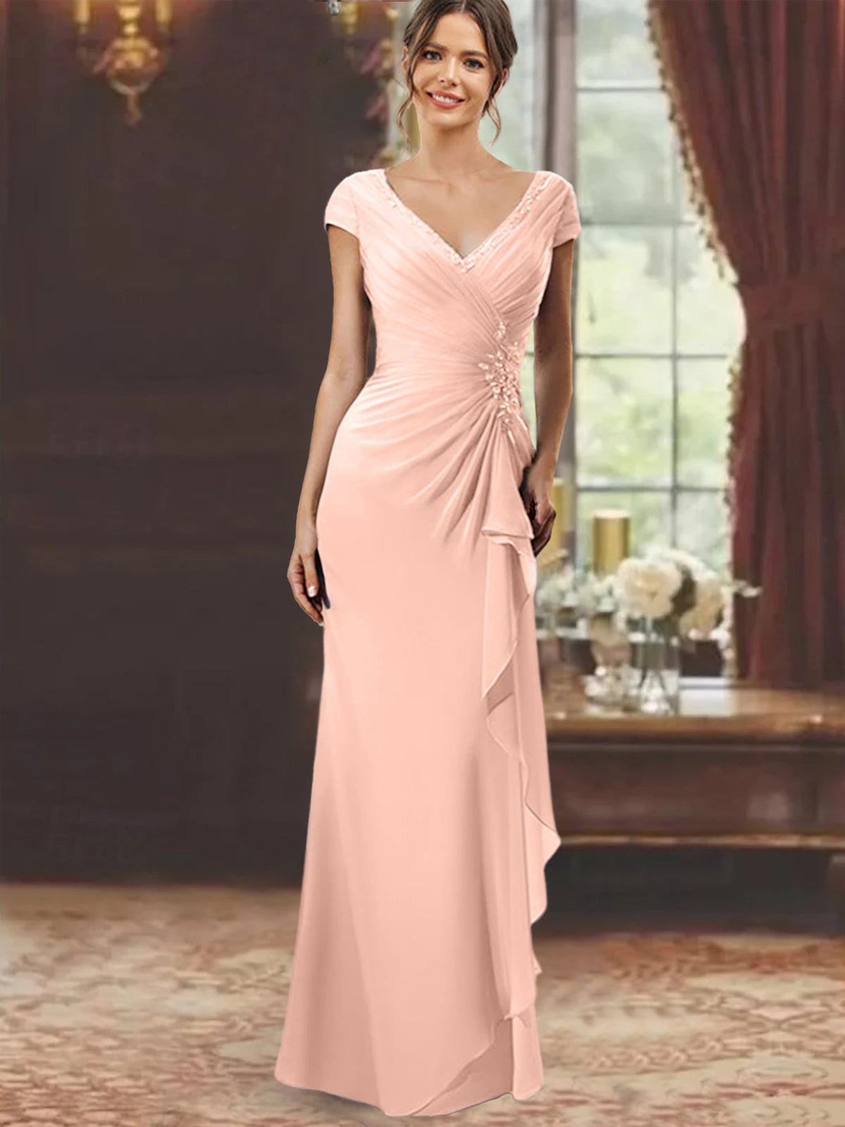 V Neck Short Sleeve Long Sheath Dress for the Mother of the Bride with Ruffles and Appliques