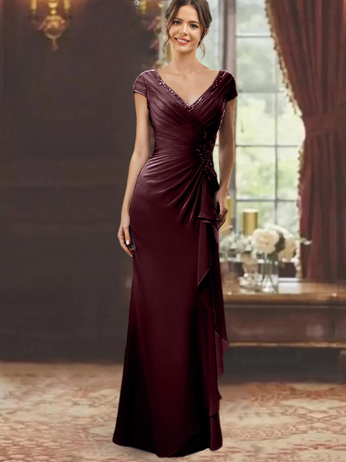 V Neck Short Sleeve Long Sheath Dress for the Mother of the Bride with Ruffles and Appliques