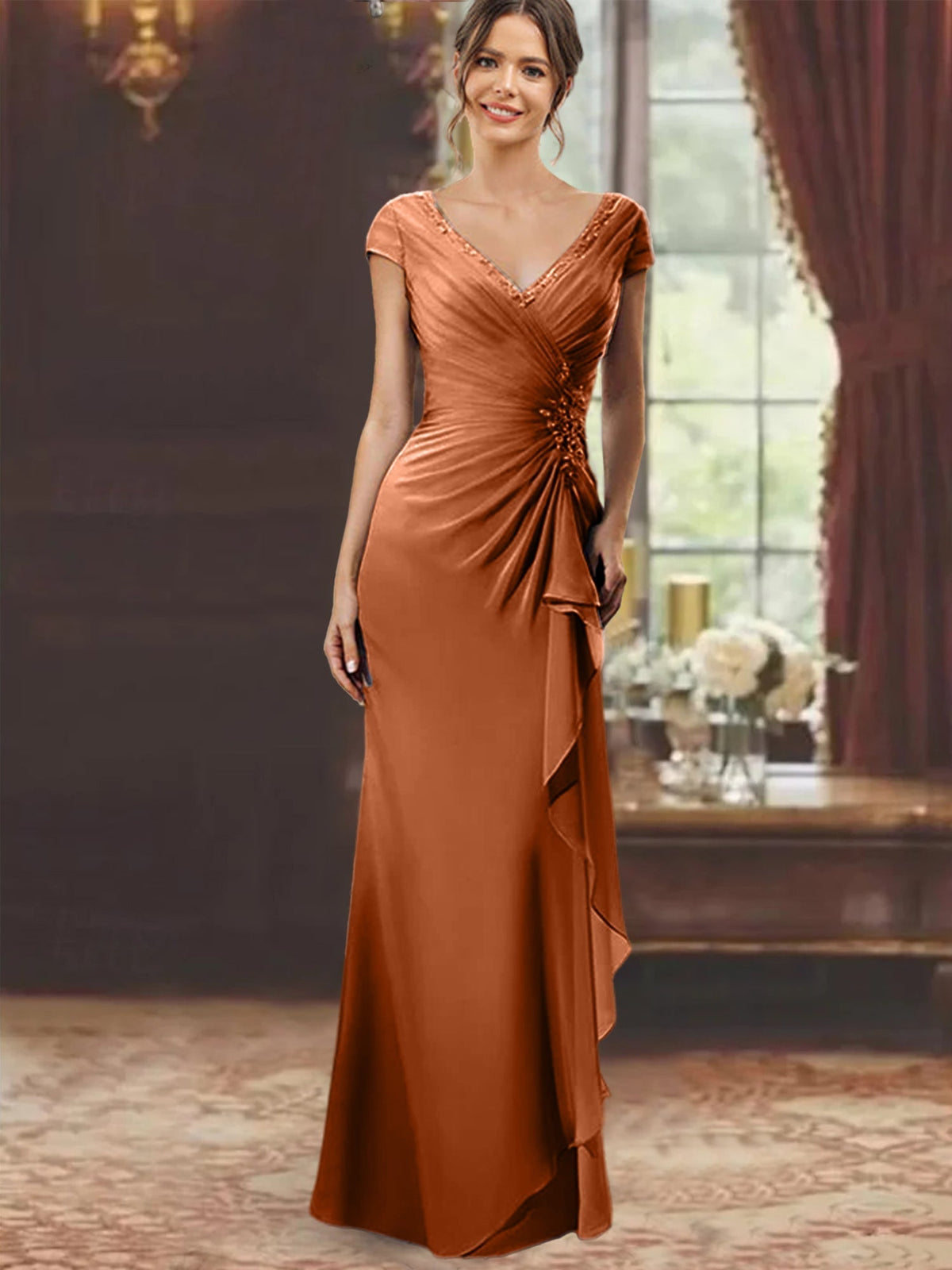 V Neck Short Sleeve Long Sheath Dress for the Mother of the Bride with Ruffles and Appliques