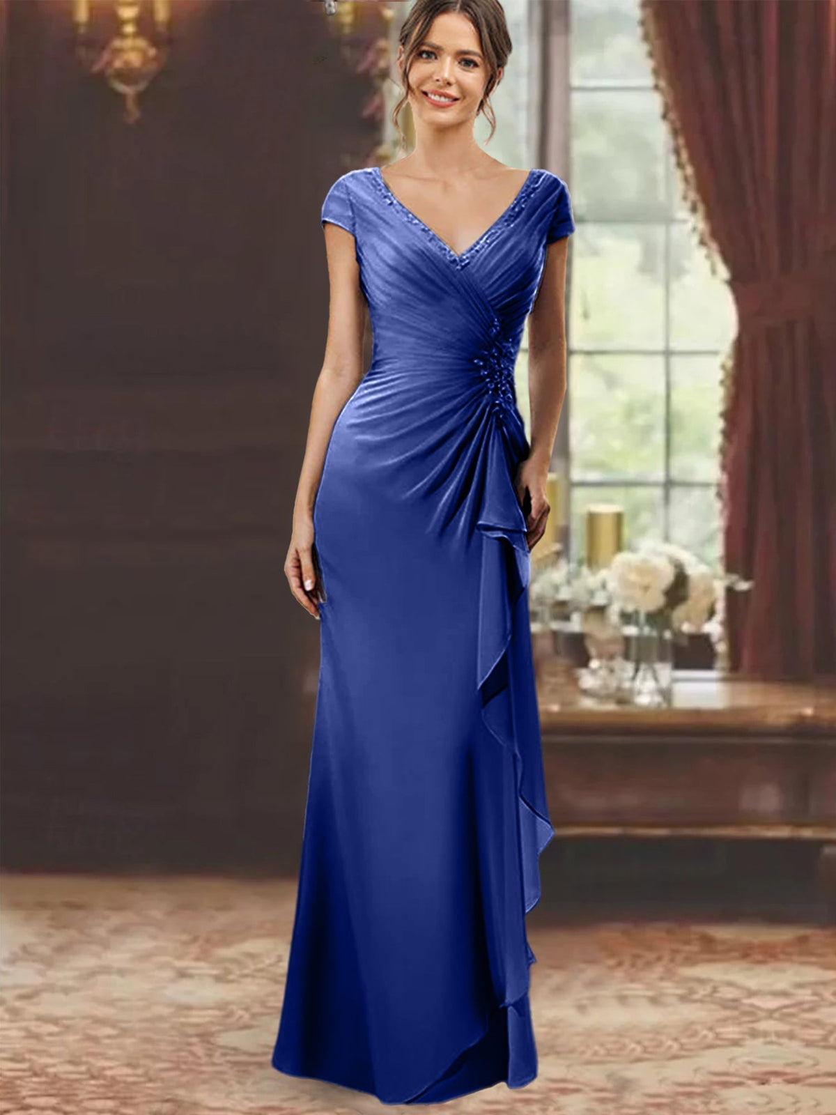 V Neck Short Sleeve Long Sheath Dress for the Mother of the Bride with Ruffles and Appliques