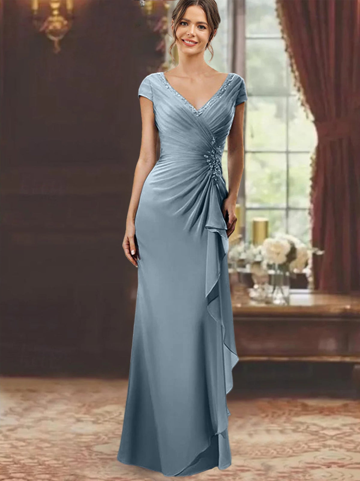 V Neck Short Sleeve Long Sheath Dress for the Mother of the Bride with Ruffles and Appliques