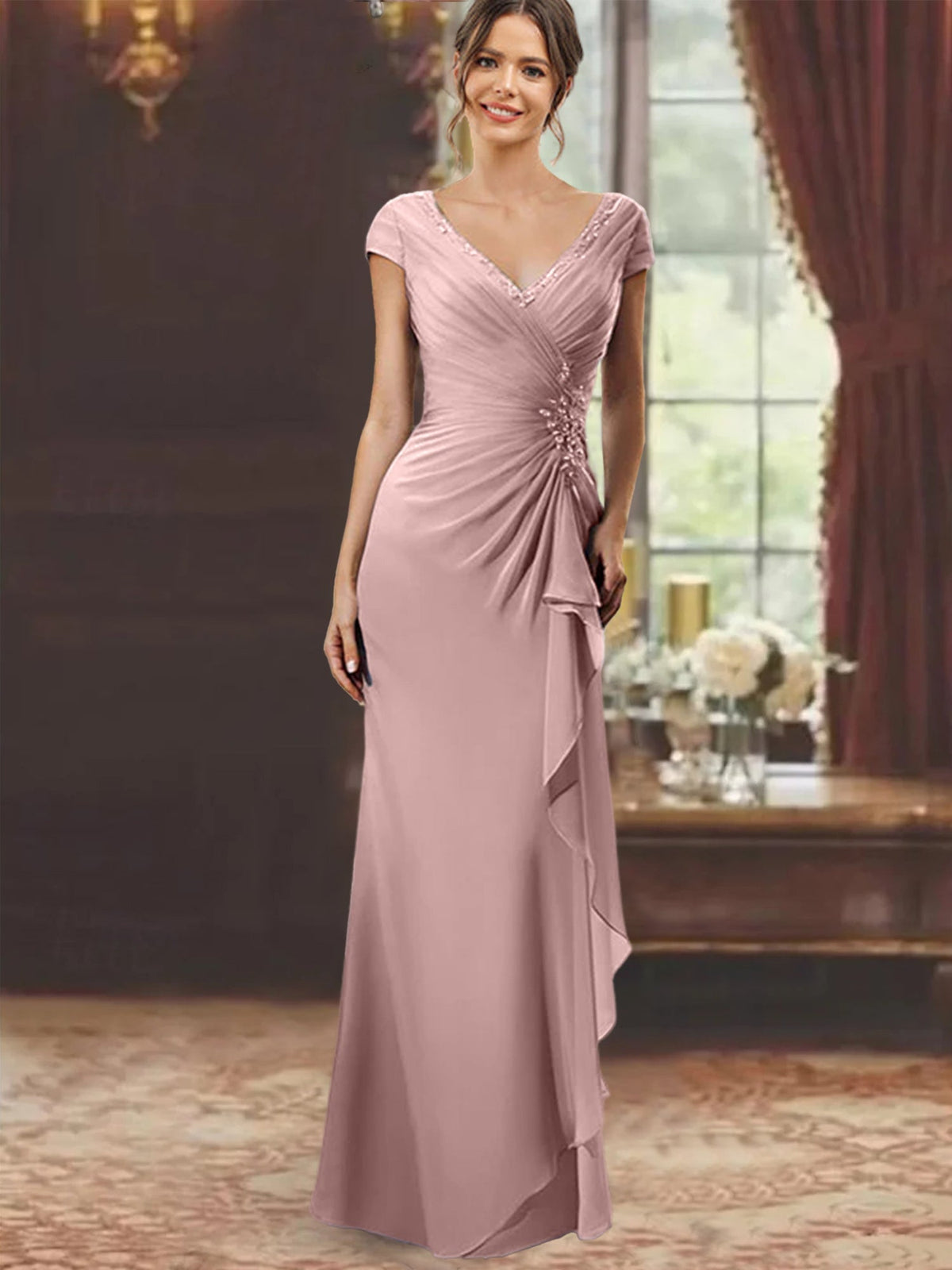 V Neck Short Sleeve Long Sheath Dress for the Mother of the Bride with Ruffles and Appliques