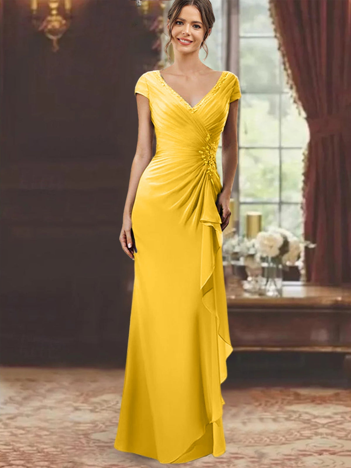 V Neck Short Sleeve Long Sheath Dress for the Mother of the Bride with Ruffles and Appliques
