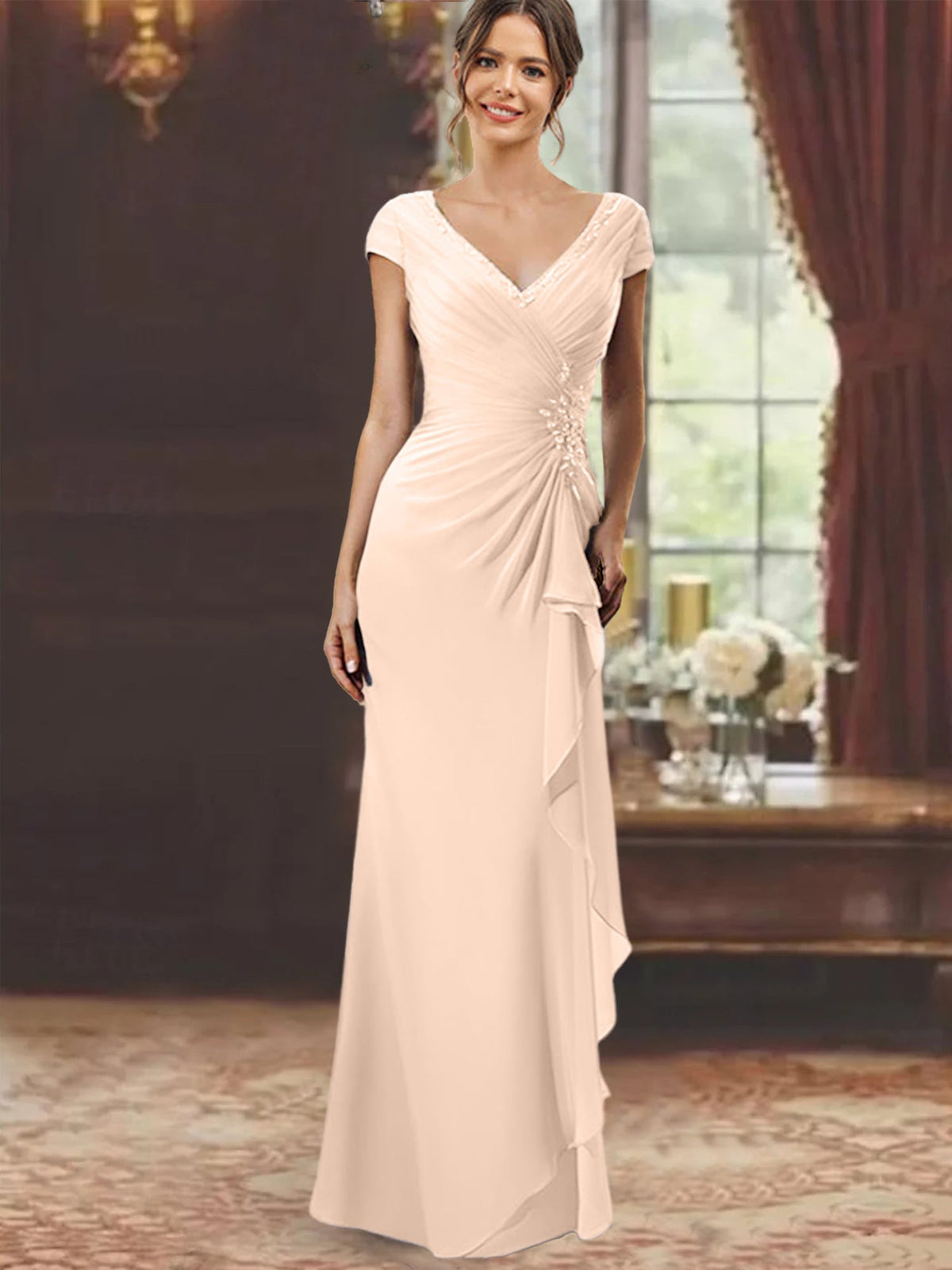 V Neck Short Sleeve Long Sheath Dress for the Mother of the Bride with Ruffles and Appliques