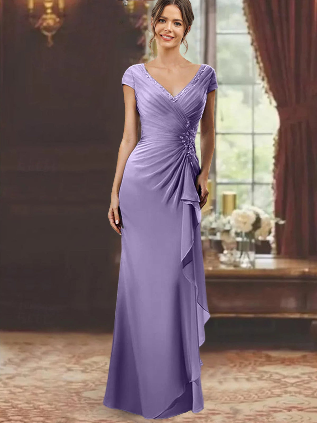 V Neck Short Sleeve Long Sheath Dress for the Mother of the Bride with Ruffles and Appliques