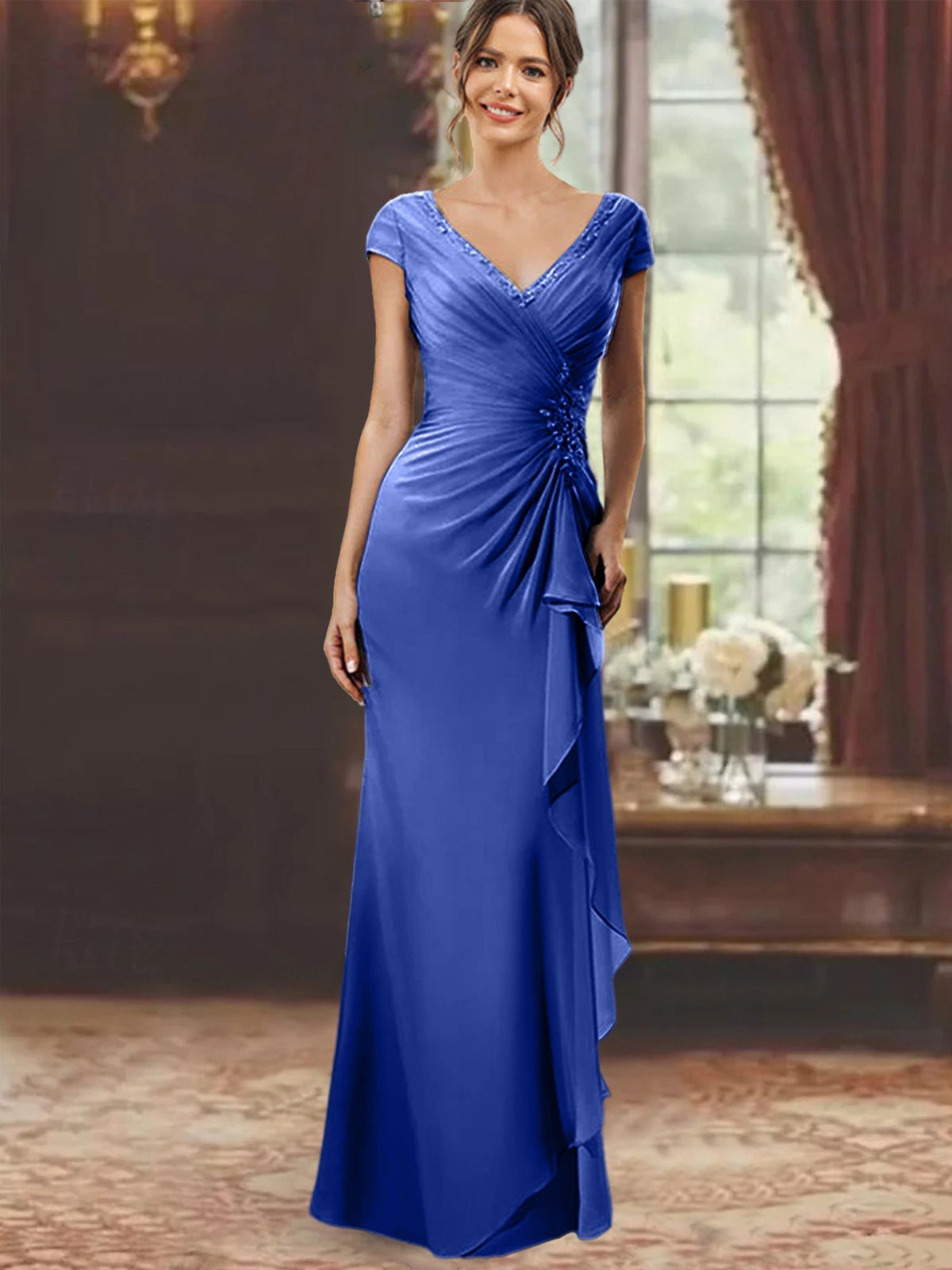 V Neck Short Sleeve Long Sheath Dress for the Mother of the Bride with Ruffles and Appliques