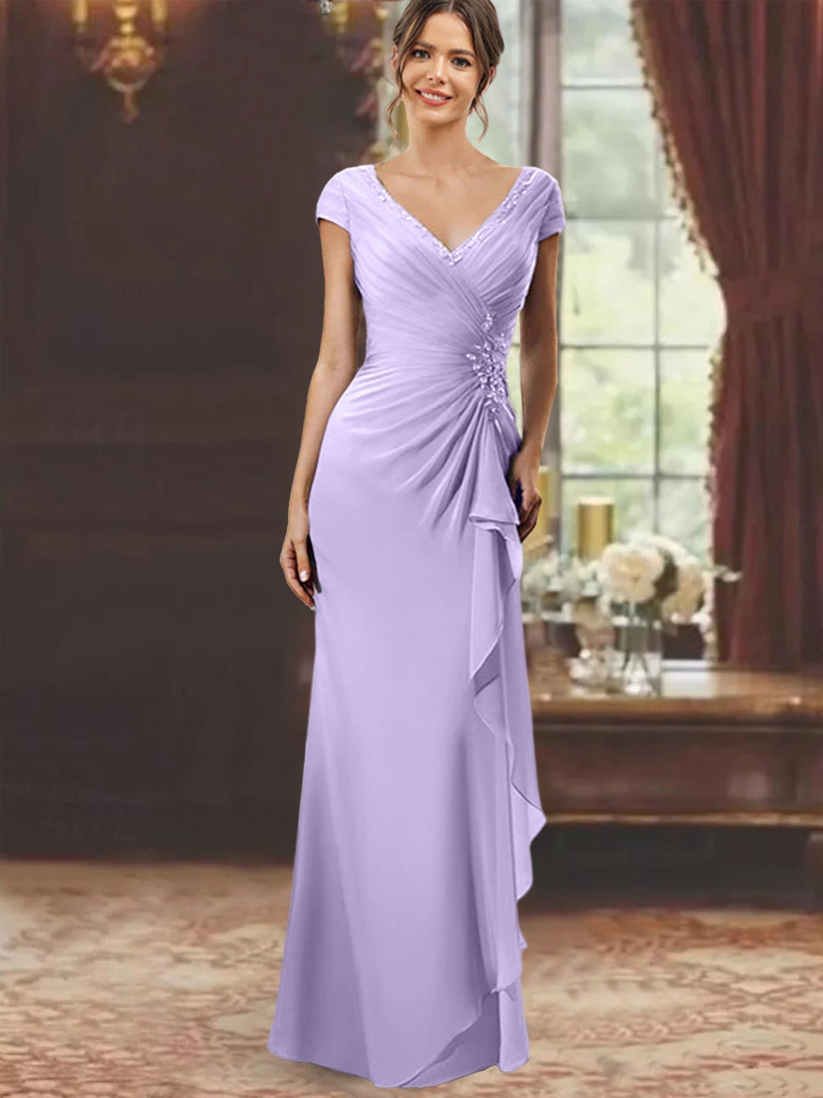V Neck Short Sleeve Long Sheath Dress for the Mother of the Bride with Ruffles and Appliques