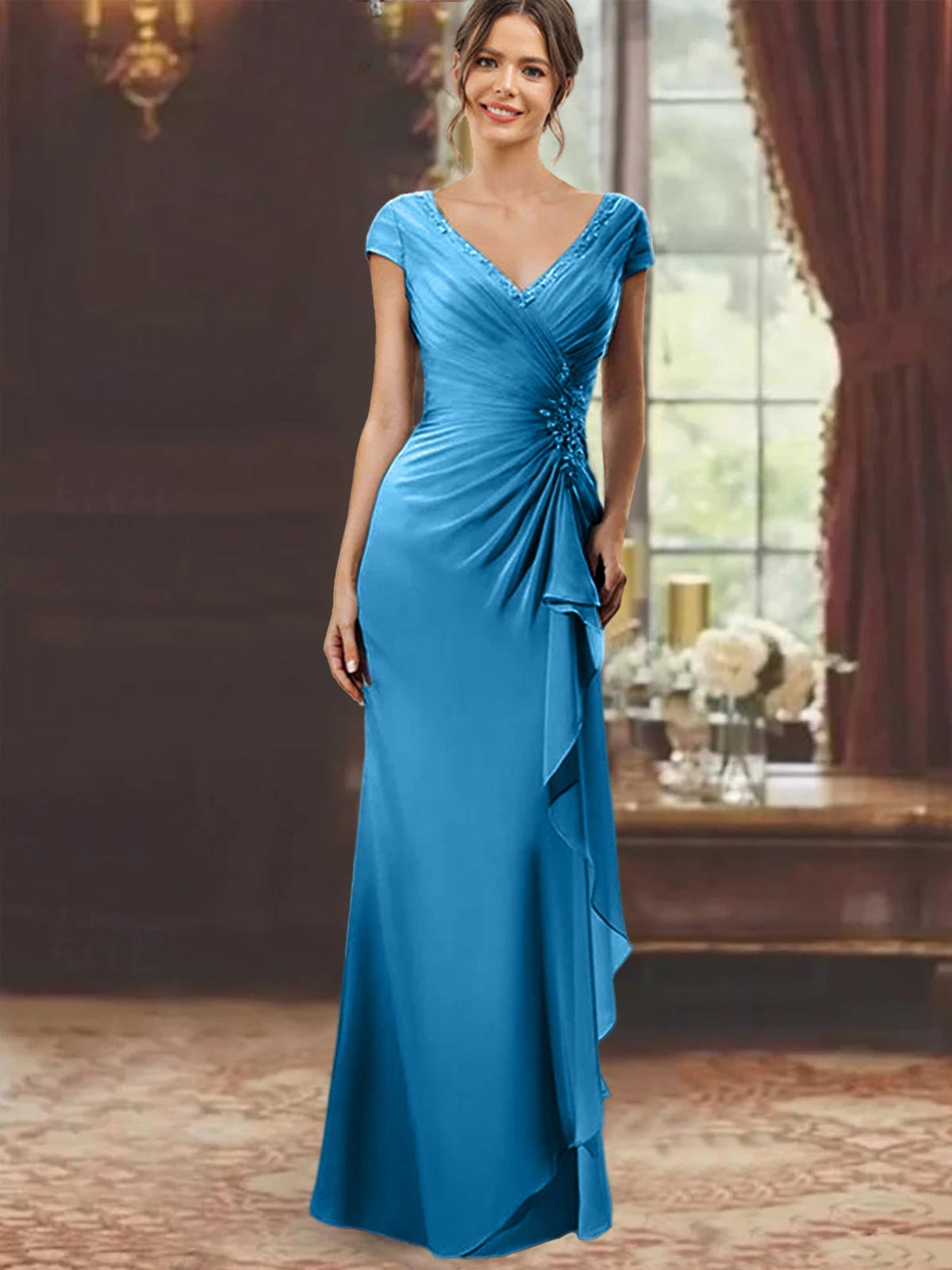 V Neck Short Sleeve Long Sheath Dress for the Mother of the Bride with Ruffles and Appliques