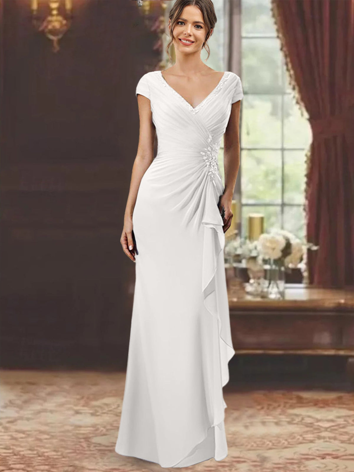 V Neck Short Sleeve Long Sheath Dress for the Mother of the Bride with Ruffles and Appliques