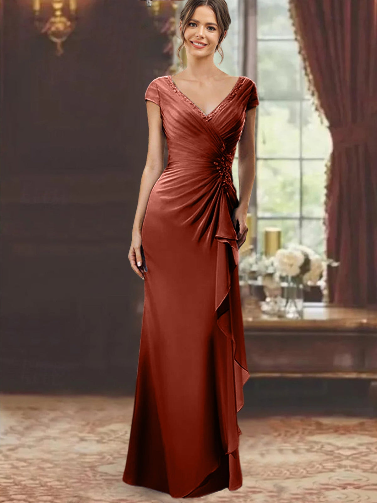 V Neck Short Sleeve Long Sheath Dress for the Mother of the Bride with Ruffles and Appliques
