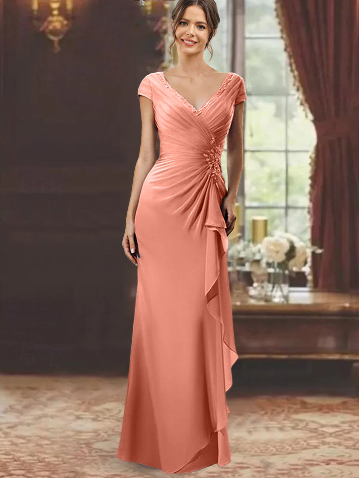 V Neck Short Sleeve Long Sheath Dress for the Mother of the Bride with Ruffles and Appliques