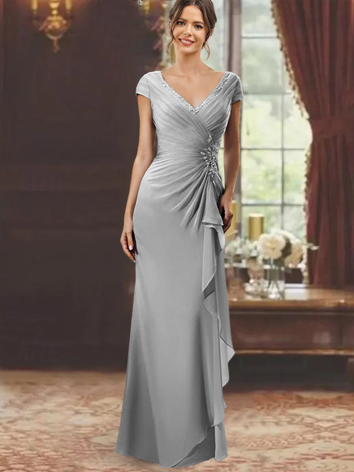 V Neck Short Sleeve Long Sheath Dress for the Mother of the Bride with Ruffles and Appliques