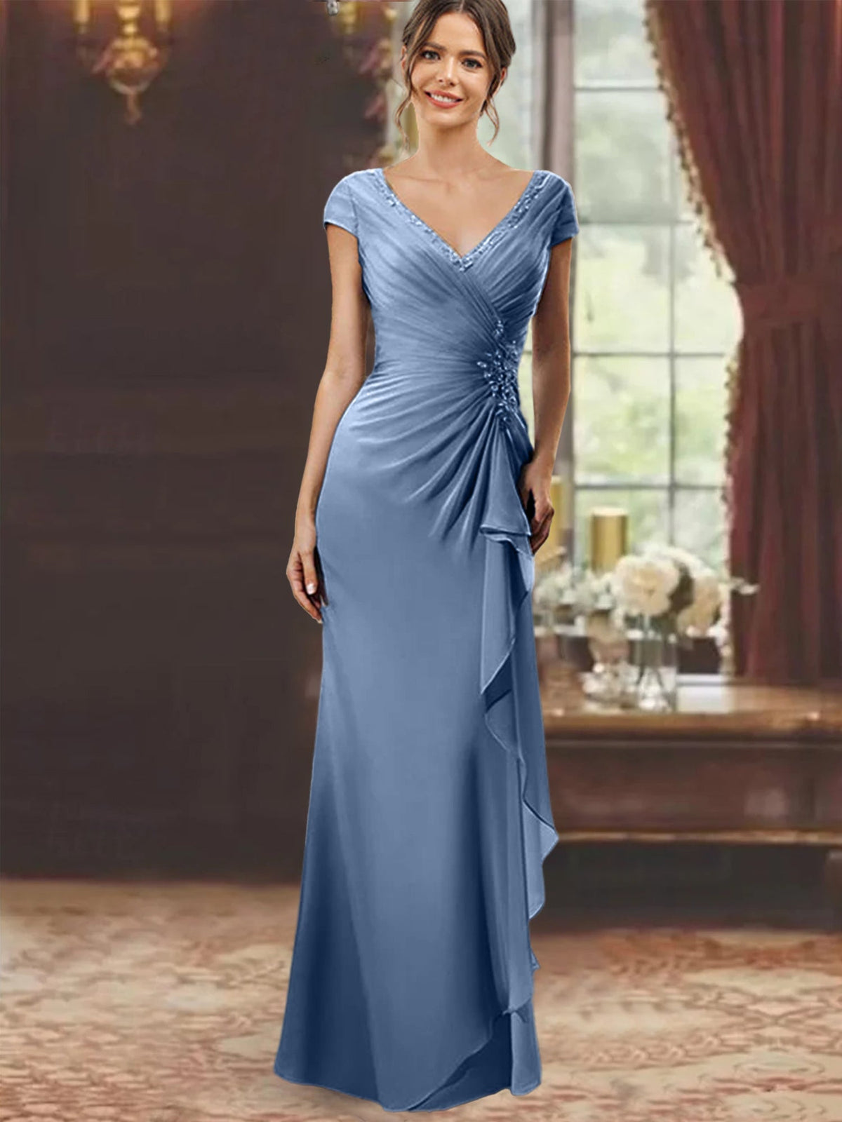 V Neck Short Sleeve Long Sheath Dress for the Mother of the Bride with Ruffles and Appliques
