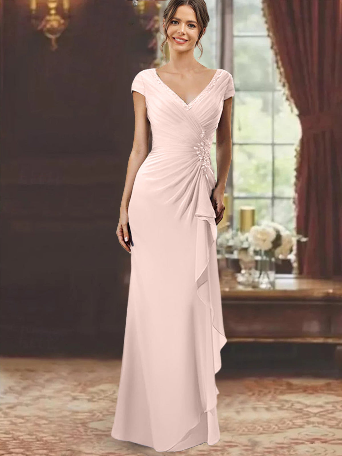 V Neck Short Sleeve Long Sheath Dress for the Mother of the Bride with Ruffles and Appliques