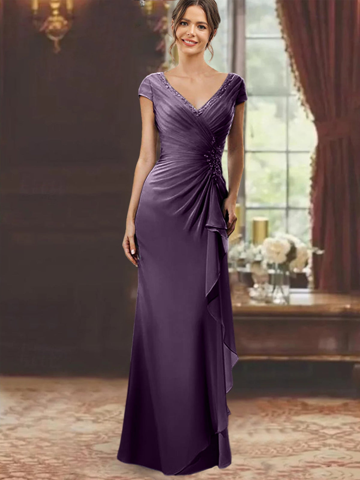 V Neck Short Sleeve Long Sheath Dress for the Mother of the Bride with Ruffles and Appliques