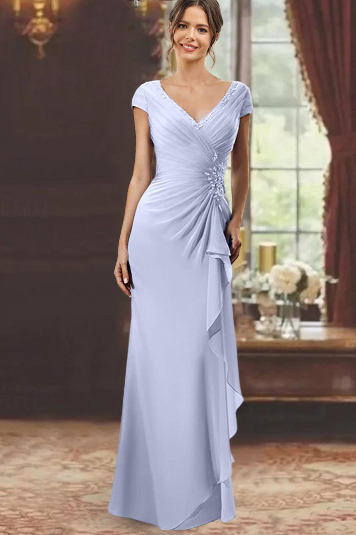 V Neck Short Sleeve Long Sheath Dress for the Mother of the Bride with Ruffles and Appliques