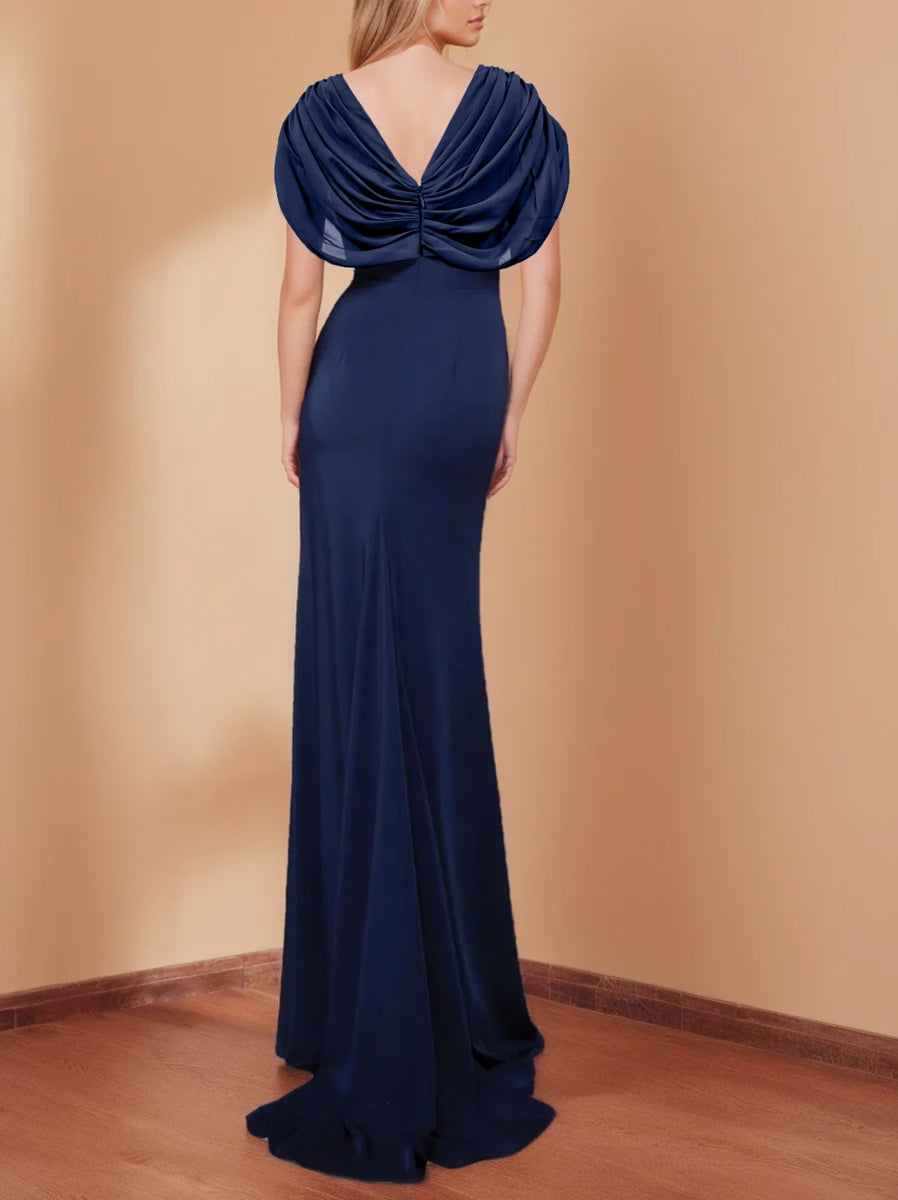 V Neck Short Sleeve Long Trumpet Mermaid Mother of the Bride Dress with Ruffles and Sequins
