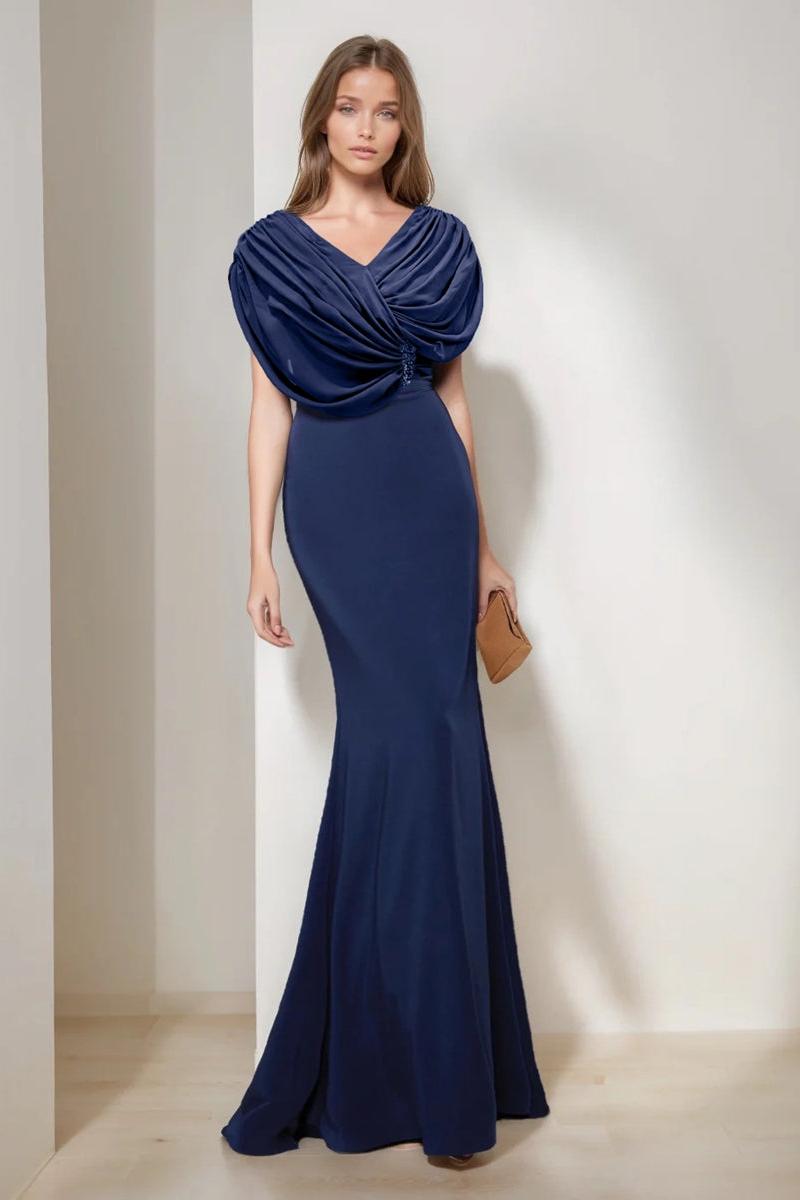 V Neck Short Sleeve Long Trumpet Mermaid Mother of the Bride Dress with Ruffles and Sequins