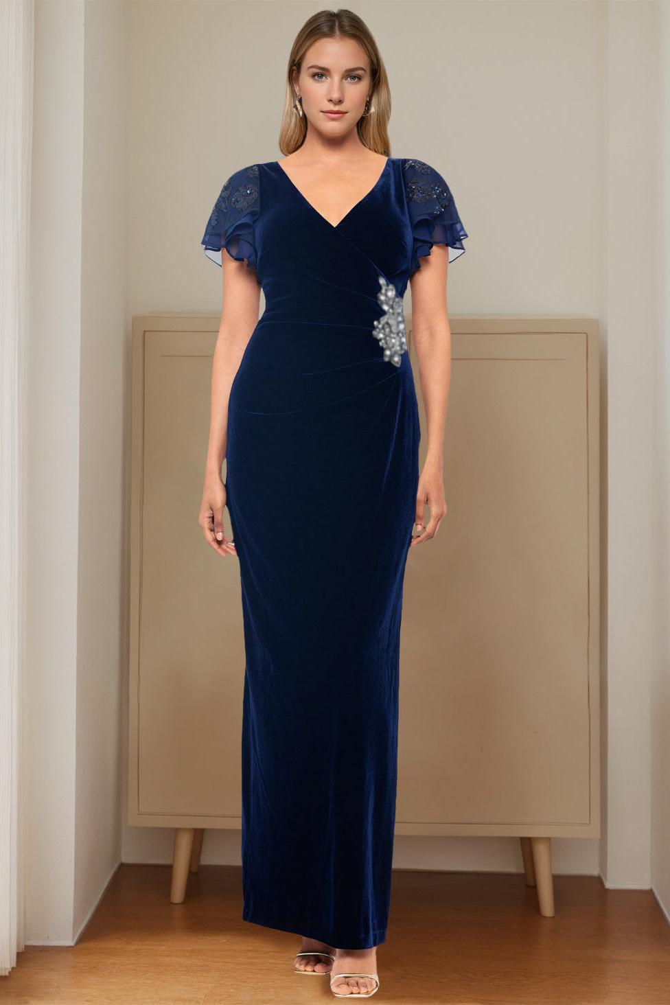 V Neck Short Sleeve Long Velvet Sheath Dress with Ruffles and Appliques for the Mother of the Bride
