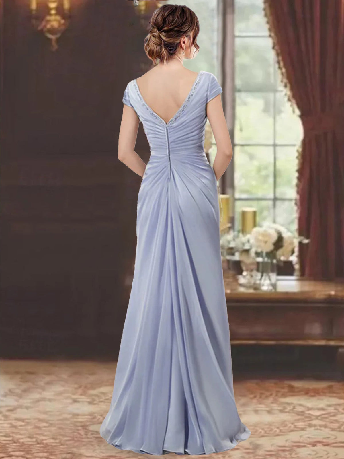 V Neck Short Sleeve Plus Size Mother of the Bride Sheath Dress with Ruffles and Appliques