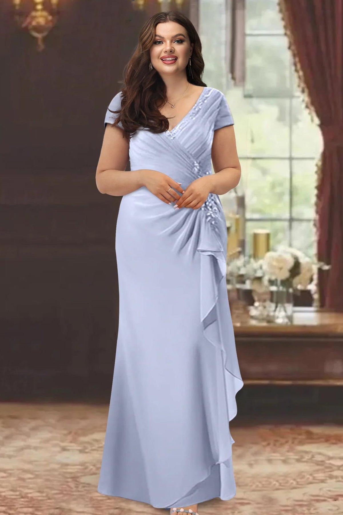 V Neck Short Sleeve Plus Size Mother of the Bride Sheath Dress with Ruffles and Appliques