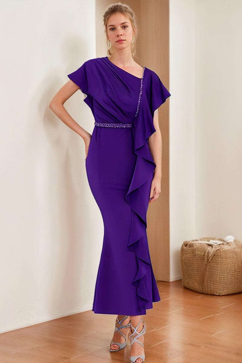 V Neck Short Sleeve Sheath Dress with Ruffles and Rhinestones for Mothers of the Bride & Groom