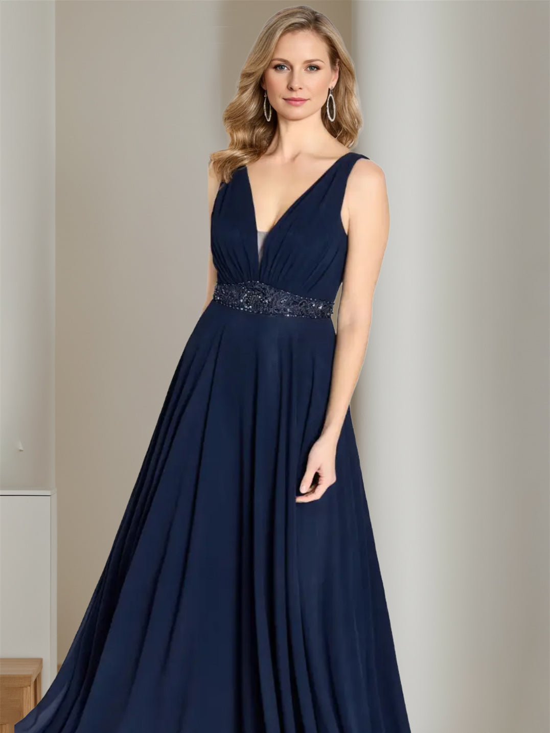 V Neck Sleeveless A Line Long Mother of the Bride Dress