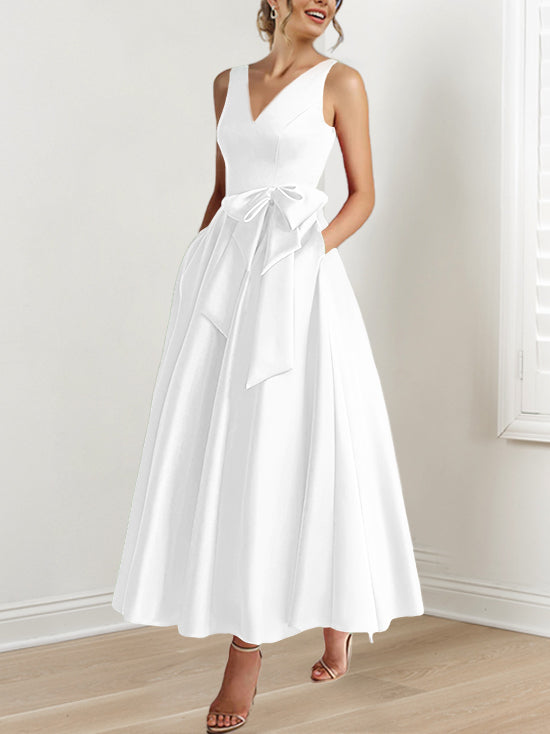 V Neck Sleeveless A Line Ankle Length Mother of the Bride Dress with Ruffles & Pockets