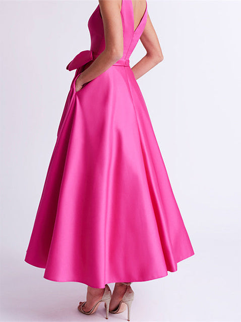 V Neck Sleeveless A Line Ankle Length Mother of the Bride Dress with Ruffles & Pockets