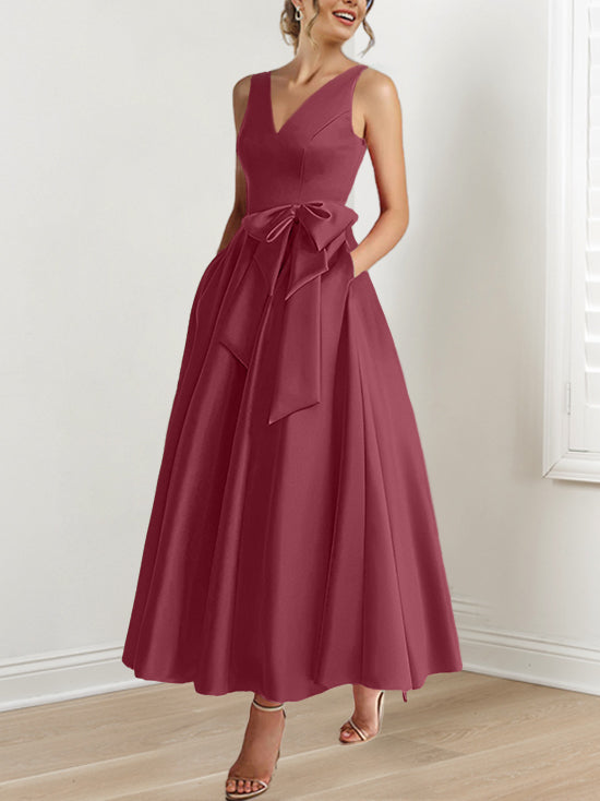 V Neck Sleeveless A Line Ankle Length Mother of the Bride Dress with Ruffles & Pockets