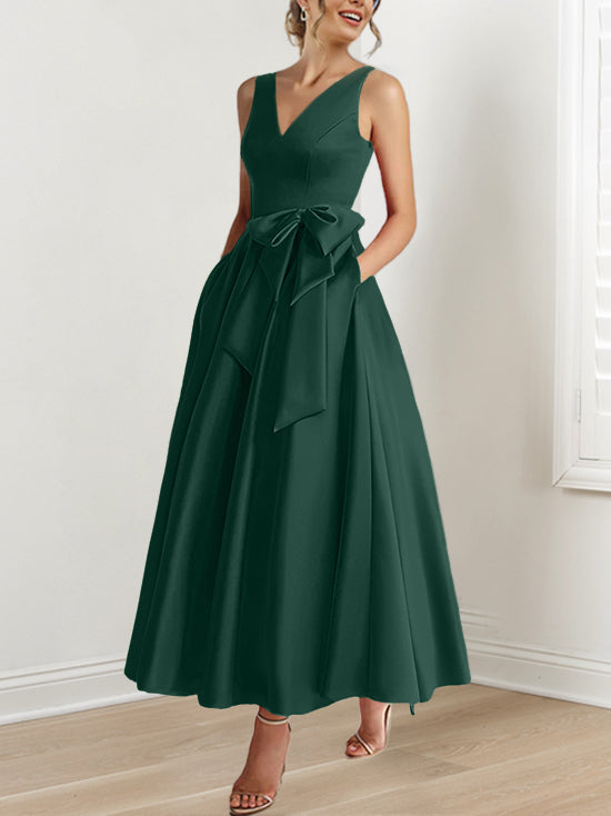 V Neck Sleeveless A Line Ankle Length Mother of the Bride Dress with Ruffles & Pockets