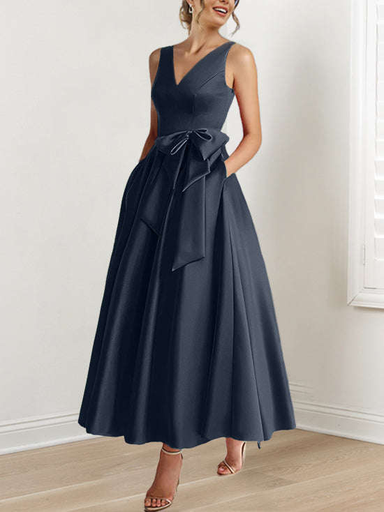 V Neck Sleeveless A Line Ankle Length Mother of the Bride Dress with Ruffles & Pockets