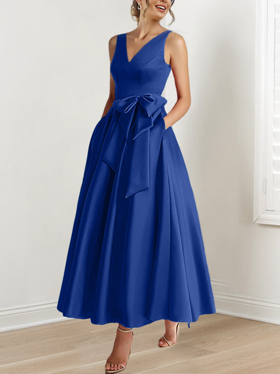 V Neck Sleeveless A Line Ankle Length Mother of the Bride Dress with Ruffles & Pockets