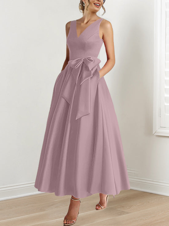 V Neck Sleeveless A Line Ankle Length Mother of the Bride Dress with Ruffles & Pockets