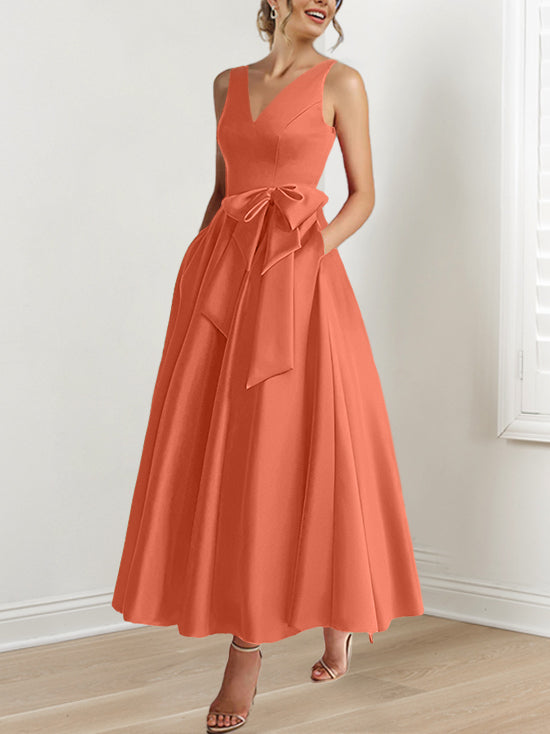 V Neck Sleeveless A Line Ankle Length Mother of the Bride Dress with Ruffles & Pockets