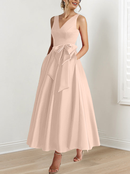 V Neck Sleeveless A Line Ankle Length Mother of the Bride Dress with Ruffles & Pockets