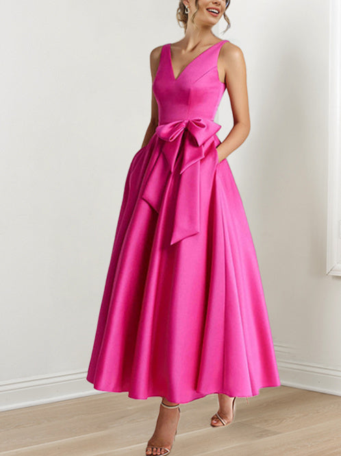 V Neck Sleeveless A Line Ankle Length Mother of the Bride Dress with Ruffles & Pockets