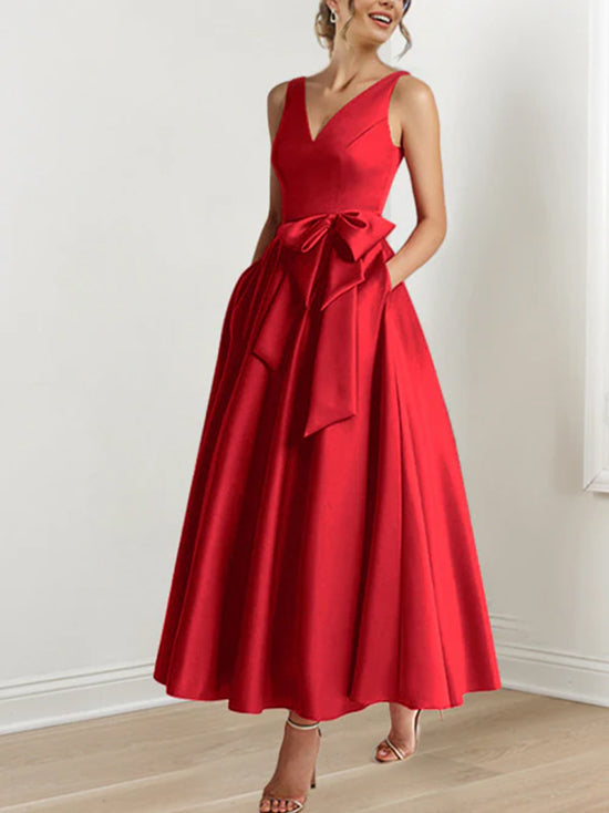 V Neck Sleeveless A Line Ankle Length Mother of the Bride Dress with Ruffles & Pockets