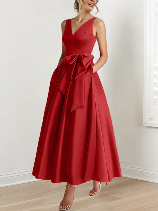 V Neck Sleeveless A Line Ankle Length Mother of the Bride Dress with Ruffles & Pockets