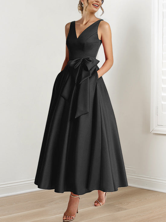 V Neck Sleeveless A Line Ankle Length Mother of the Bride Dress with Ruffles & Pockets