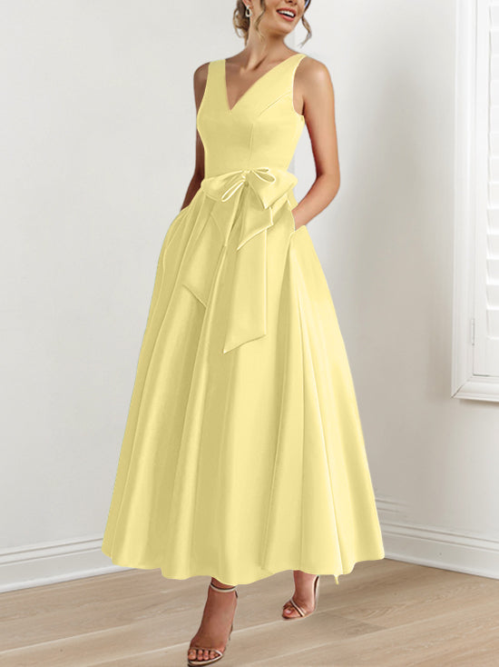 V Neck Sleeveless A Line Ankle Length Mother of the Bride Dress with Ruffles & Pockets