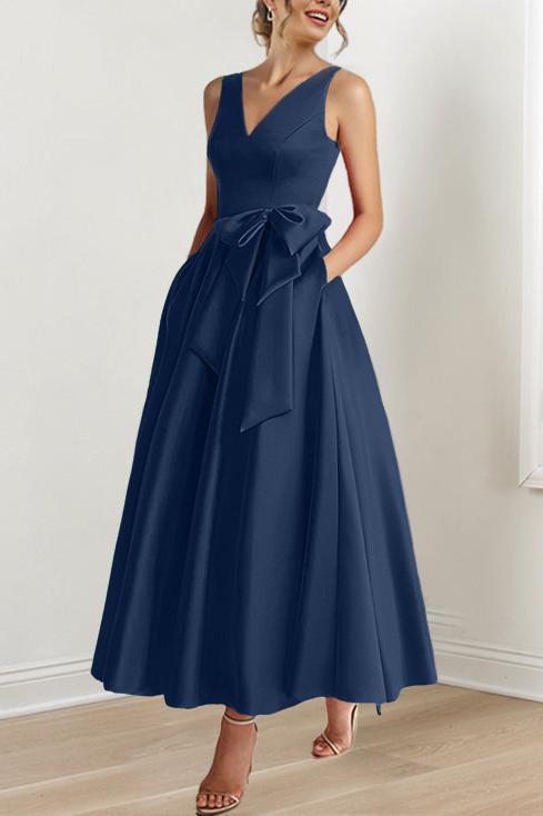 V Neck Sleeveless A Line Ankle Length Mother of the Bride Dress with Ruffles & Pockets