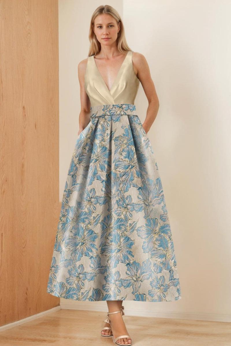 V Neck Sleeveless A Line Ruched Floral Printed Mother of the Bride Dress