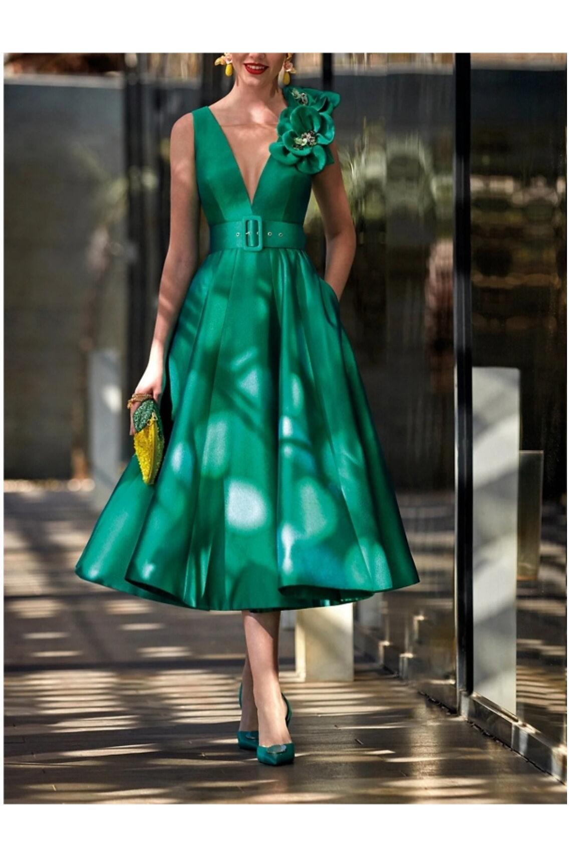 V Neck Sleeveless A Line Tea Length Mother of the Bride Dress with Sash