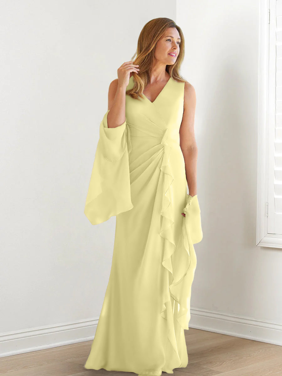 V Neck Sleeveless Long Mother of the Bride Gown with Wraps & Ruffles