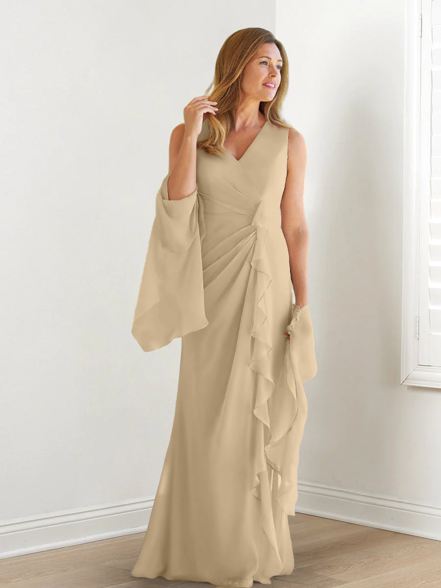 V Neck Sleeveless Long Mother of the Bride Gown with Wraps & Ruffles