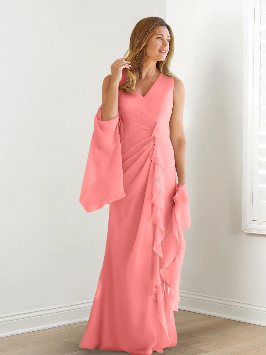 V Neck Sleeveless Long Mother of the Bride Gown with Wraps & Ruffles