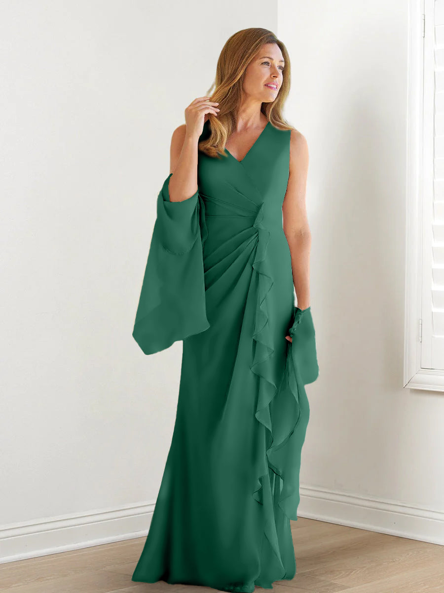 V Neck Sleeveless Long Mother of the Bride Gown with Wraps & Ruffles